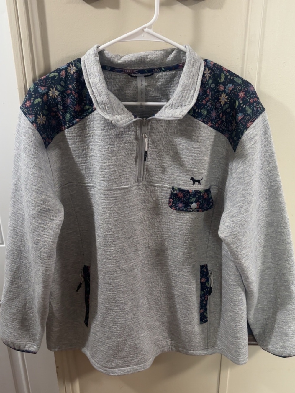 Simply Southern Light Gray Pullover with Navy Floral Accents